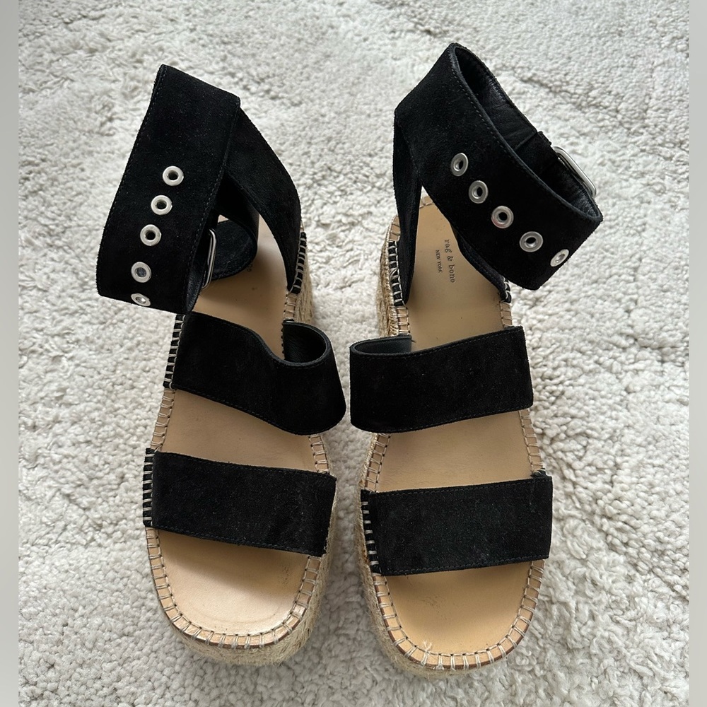 Rag & Bone Black Suede Leather Square Toe Buckle Platform Espadrilles